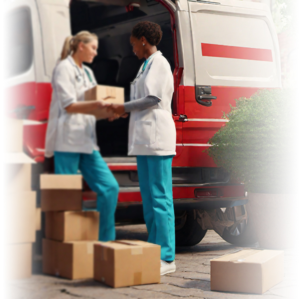 Two nurses unloading delivery of boxes